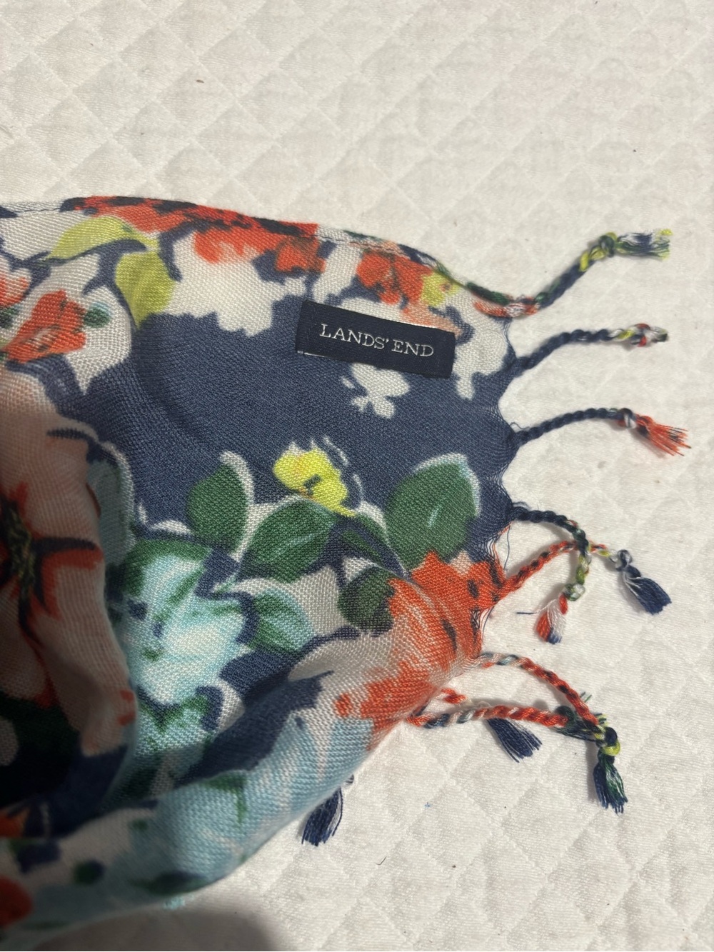 Lands' End Navy Floral Fringe Scarf with Orange, Teal & Cream Blooms - Picture 5 of 5